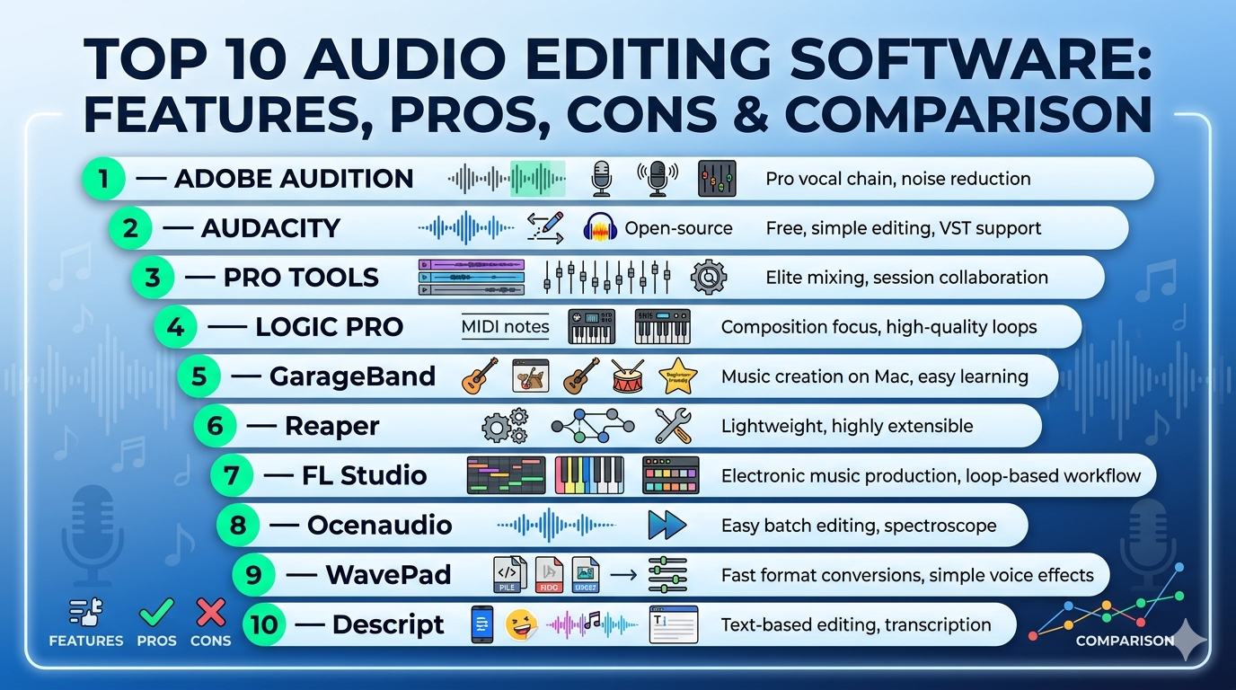 Top 10 Audio Editing Software: Features, Pros, Cons & Comparison ...